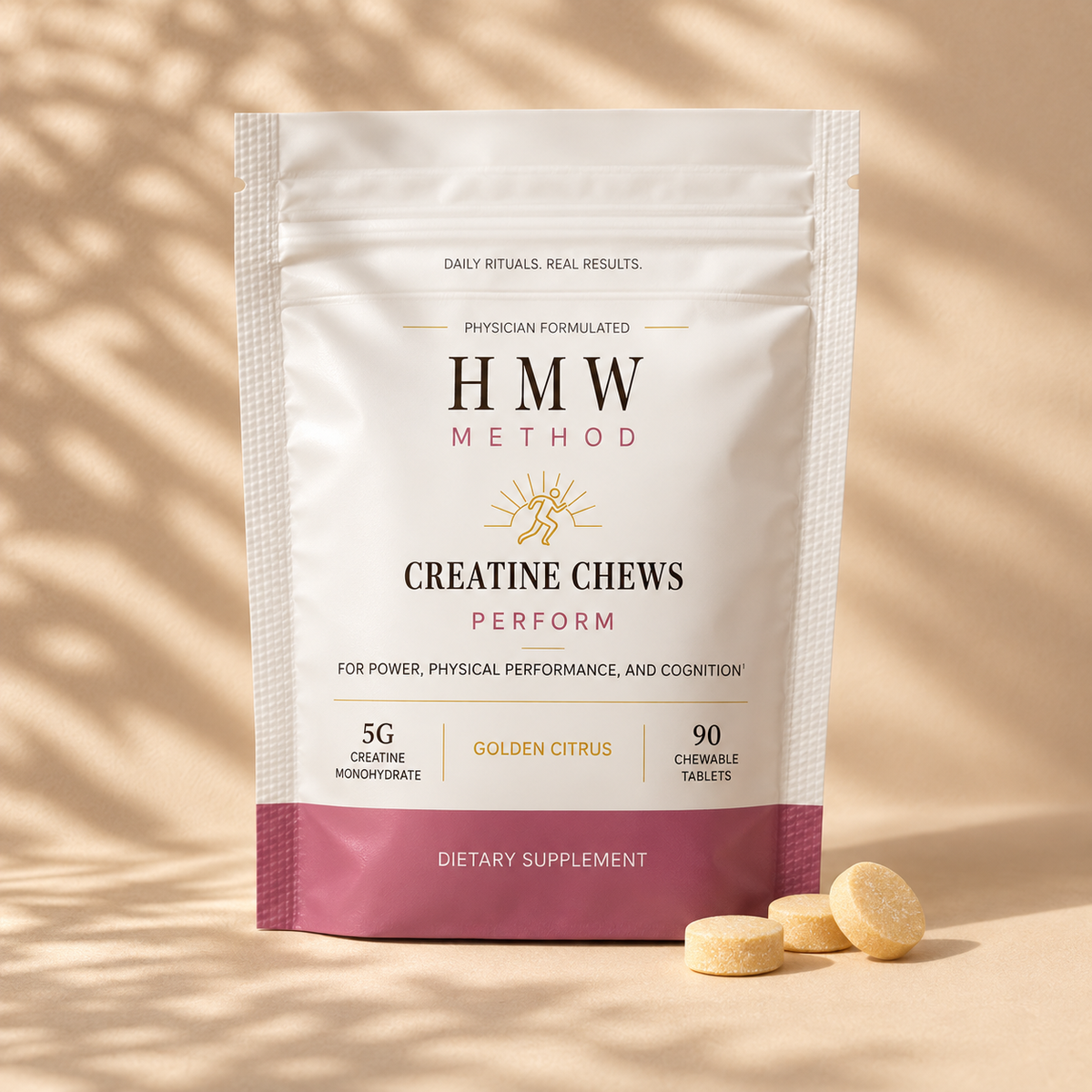 HMW Method Perform Golden Citrus creatine chews pouch with three chews