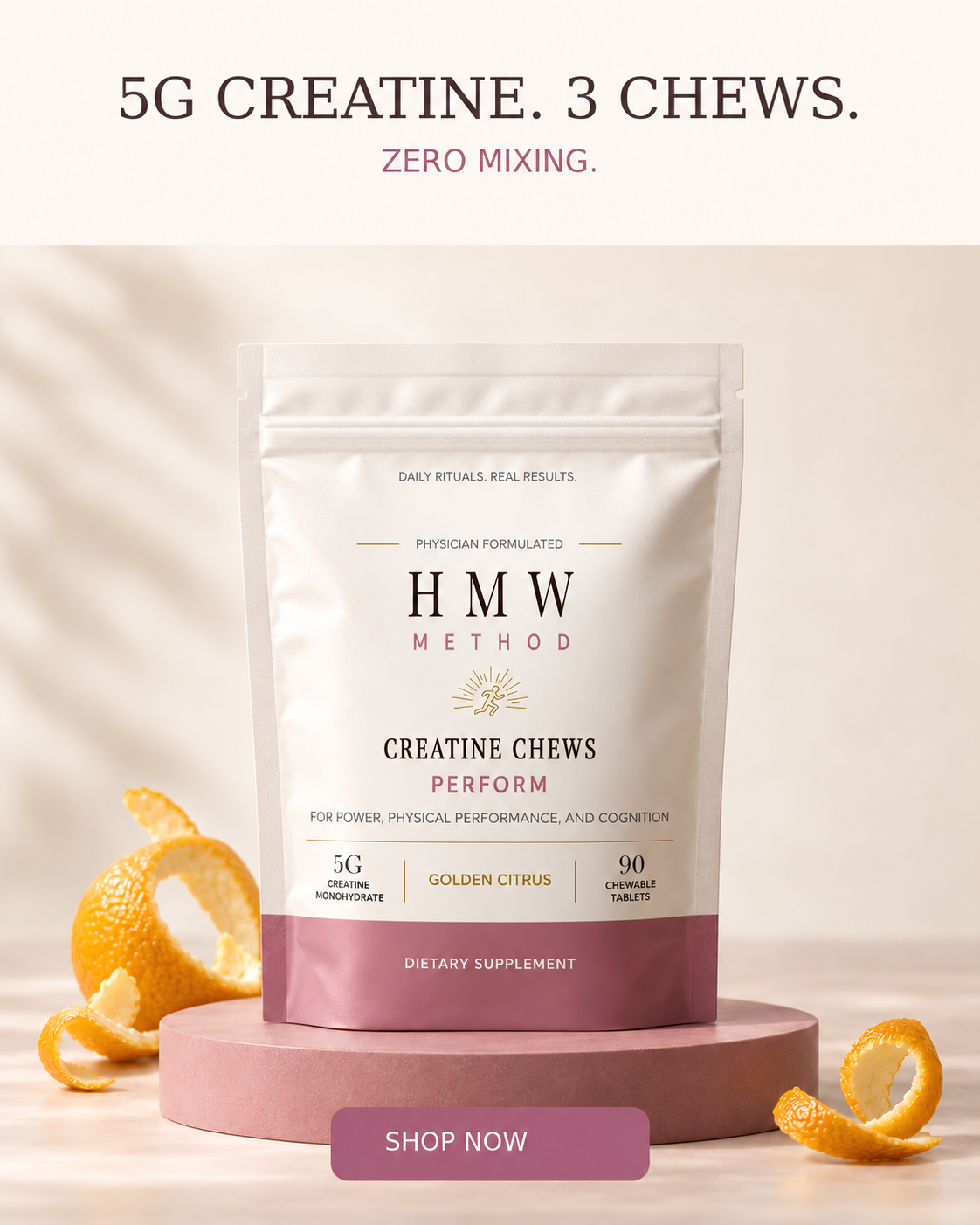 HMW Method Perform Golden Citrus creatine chews, 5g in three chews